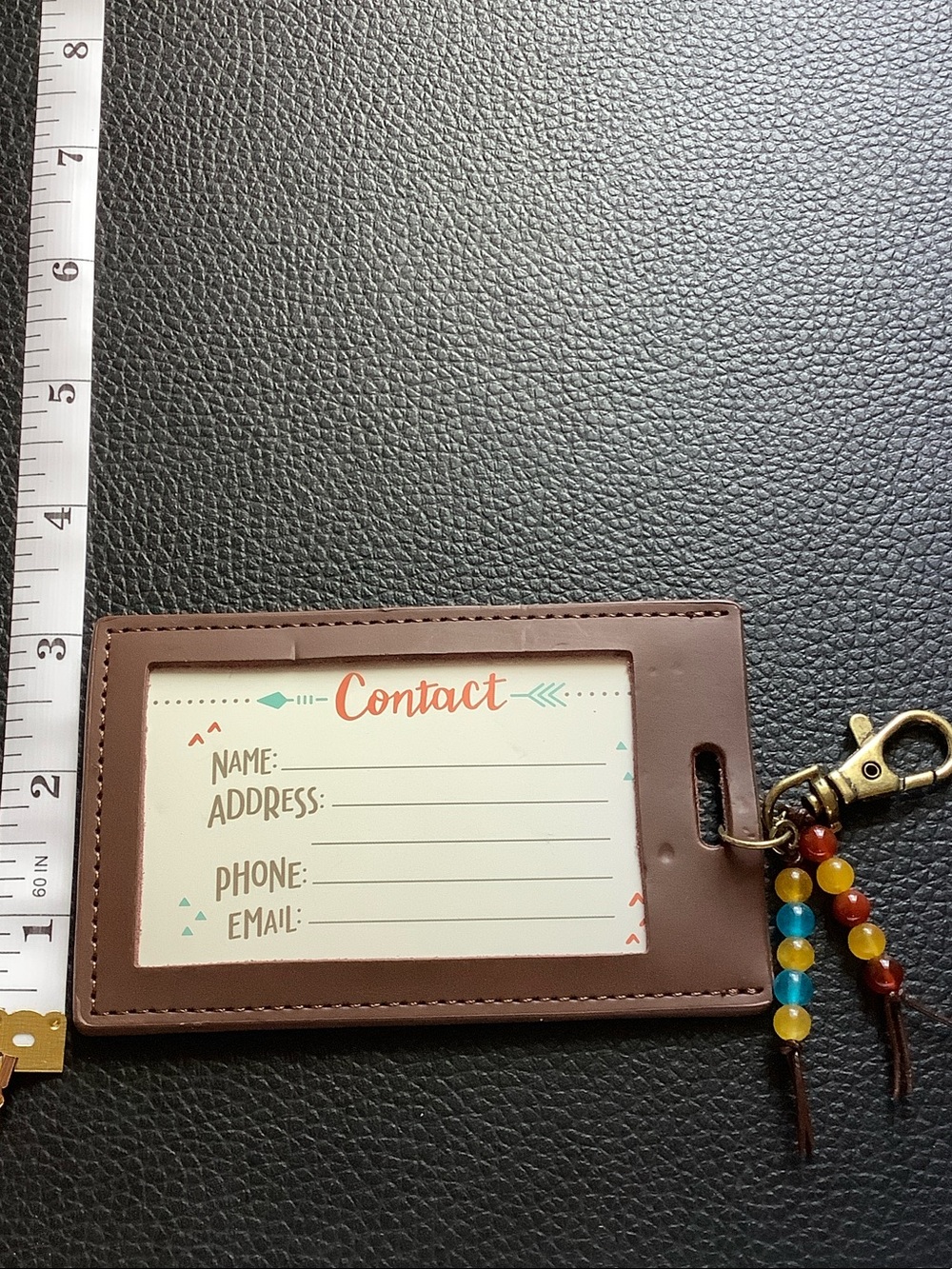 Brown Leatherette ID Badge Holder / Luggage Tag with Beaded Keychain